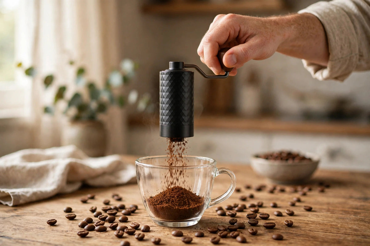 Grinding fresh coffee beans with the manual grinder